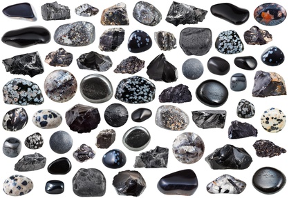 set of black mineral stones and gemstones